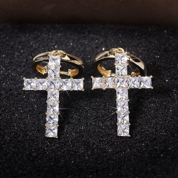 Gold Asscher Cut Cross Earrings - Picture 4 of 4